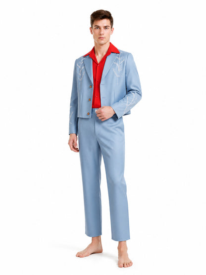 Three-piece suit with embroidery, light blue with a red shirt product detail