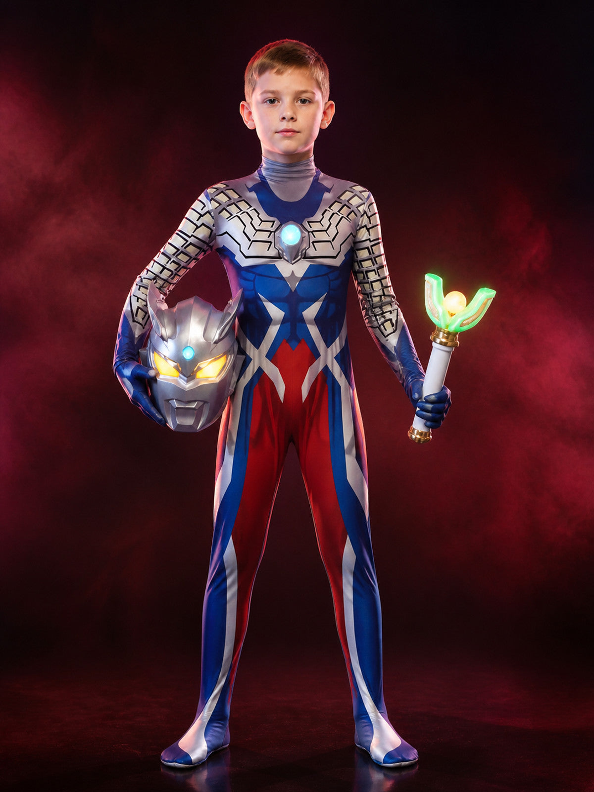 Kids' Light-Up Sci-Fi Armor Cosplay Costume Set, Blue Silver White with Helmet & main product view