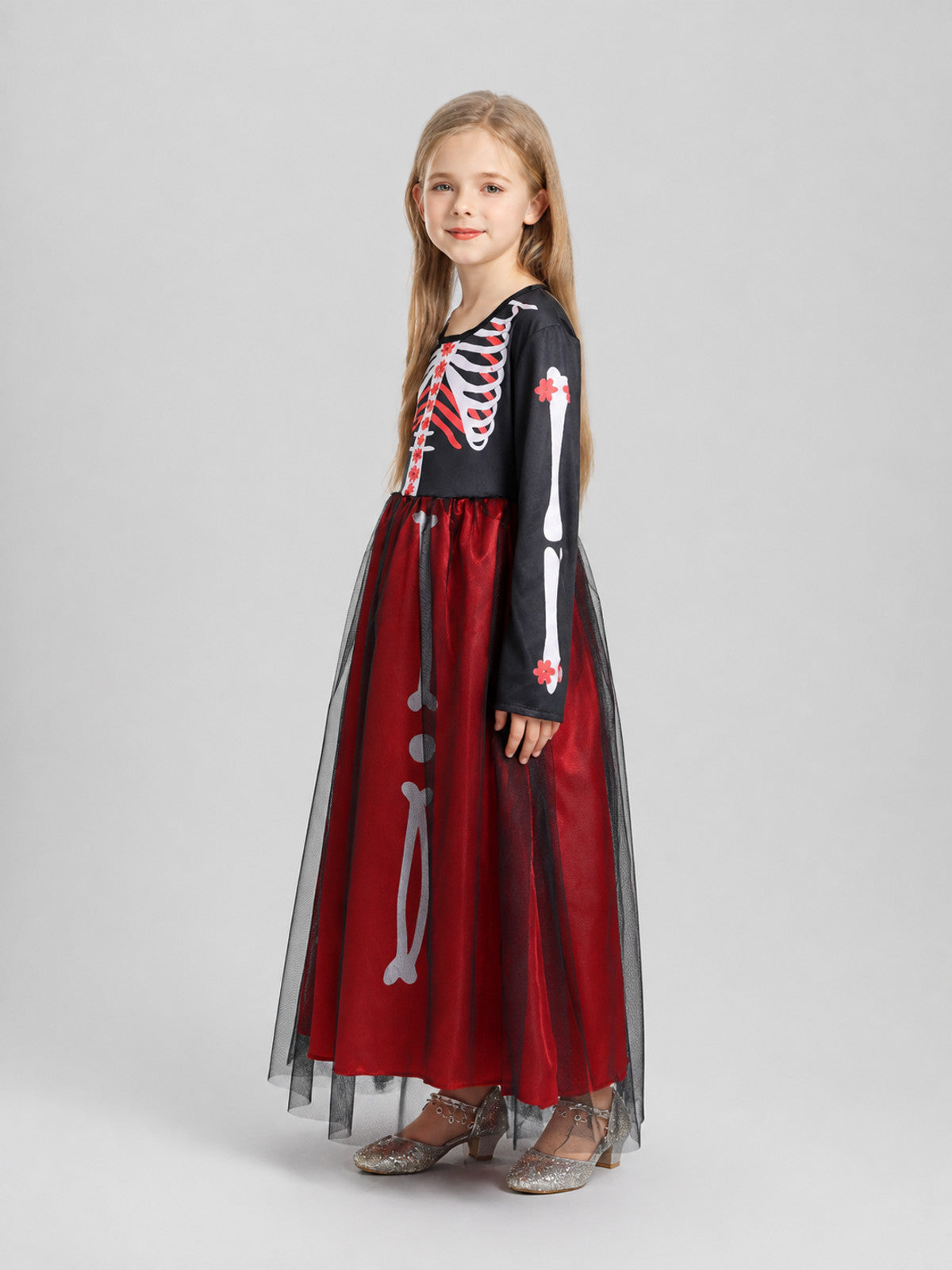 Halloween Skeleton with Roses Black and Red Dress side view