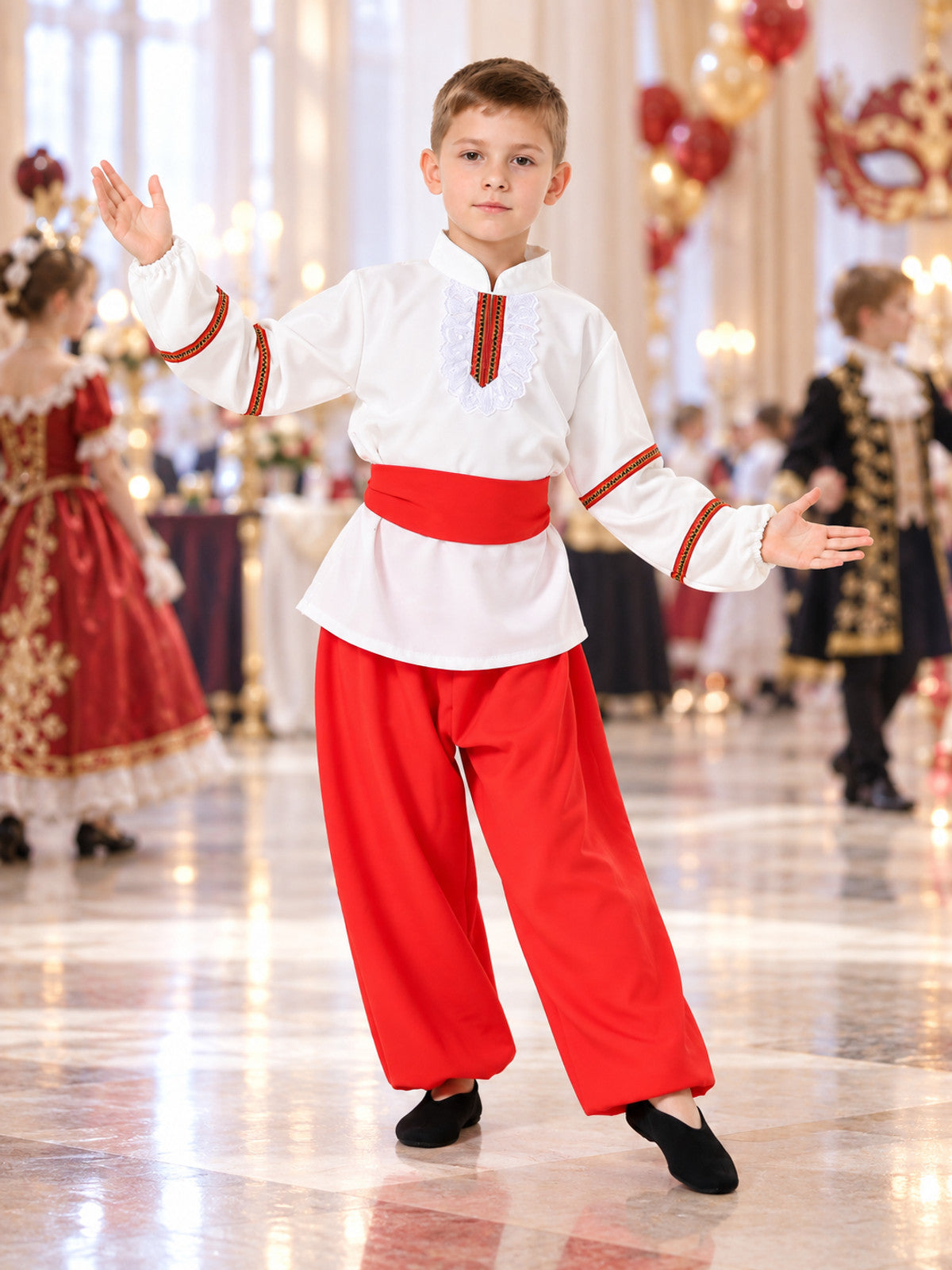 Kids' Russian Folk Dance Costume, White, Red