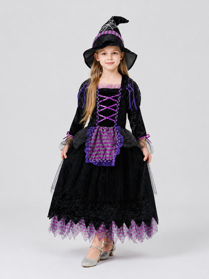 Children's Purple Witch Dress with Full Skirt and Hat