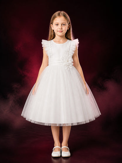 Girls' White Princess Formal Dress with Layered Tulle Skirt and Sequin Beaded main product view