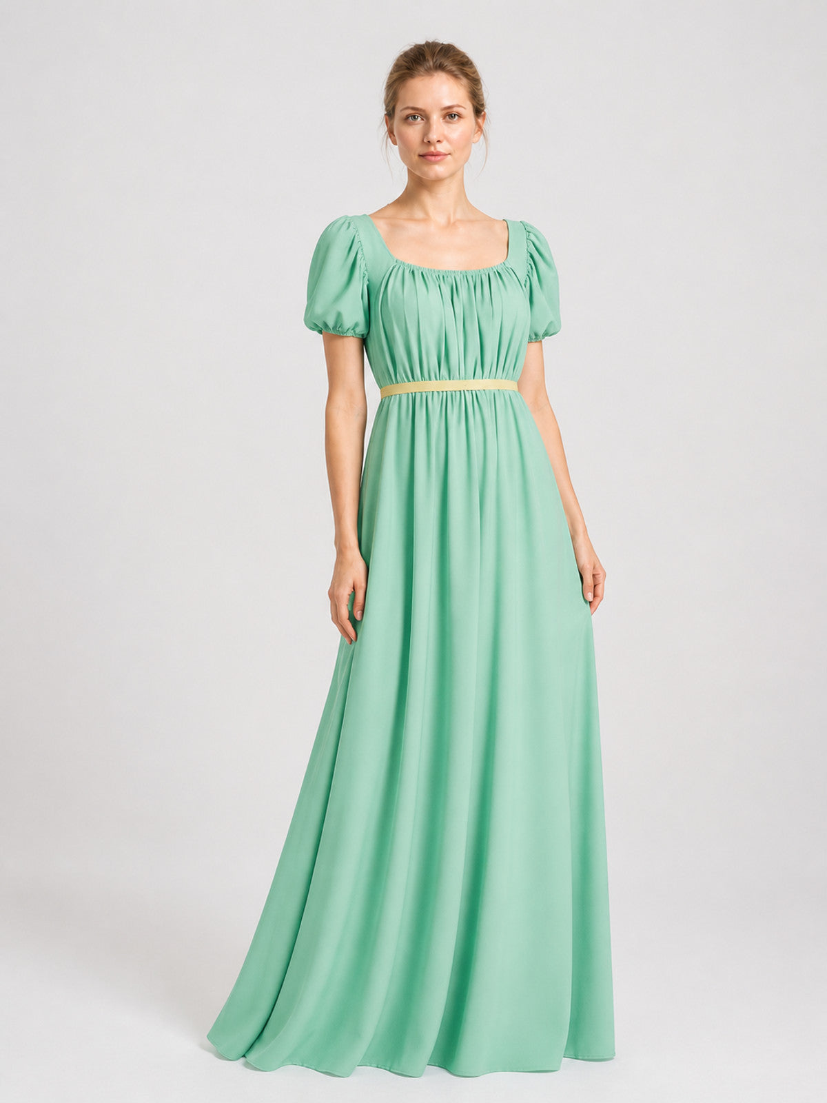 Mint Bridgerton Dress with Puff Sleeves and High Waist Costume Dresses detail