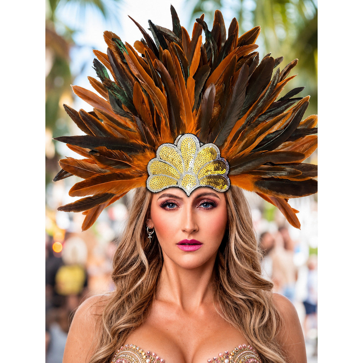 Carnival Headpiece with Orange Feathers lifestyle