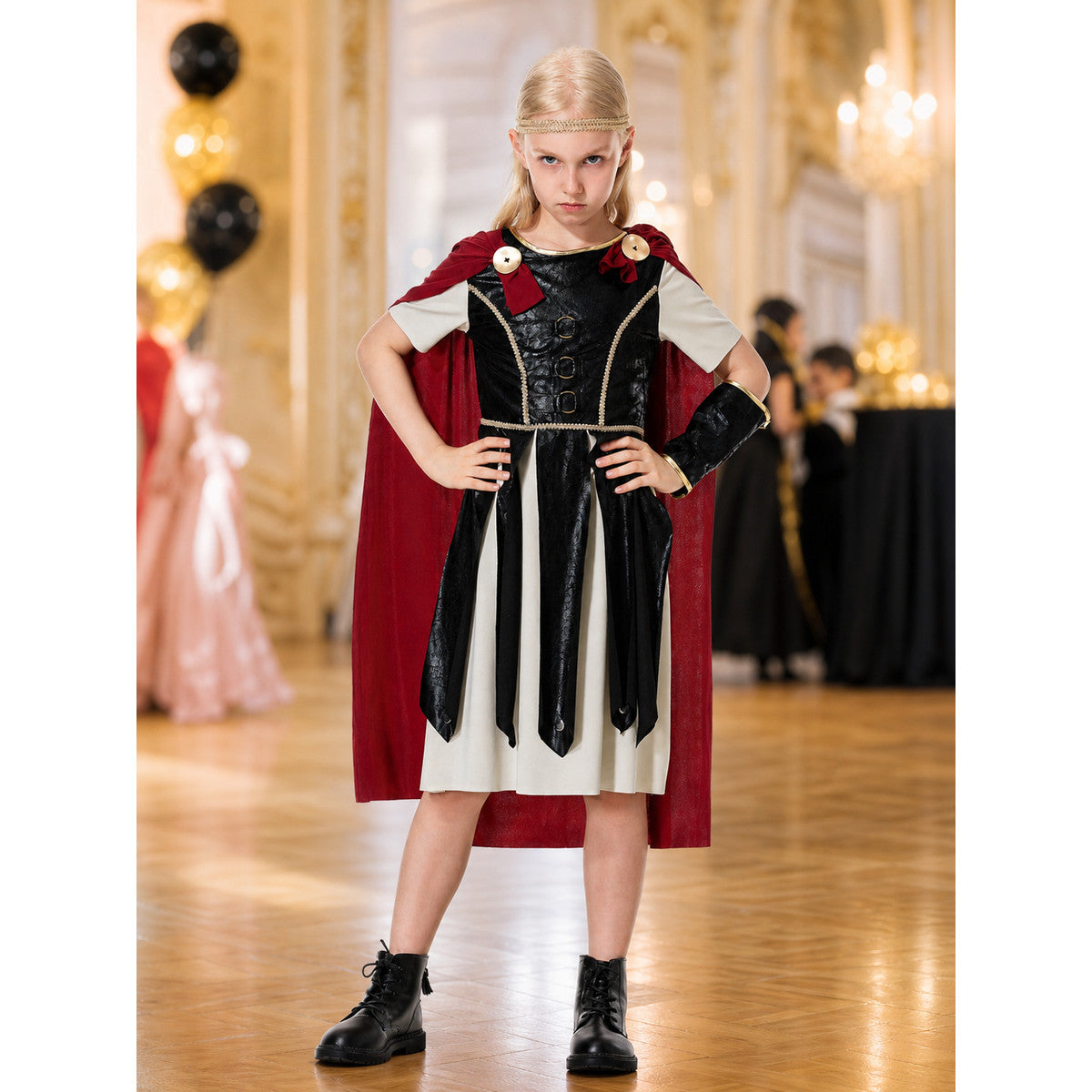 Retro-Style Dress with Red Cape