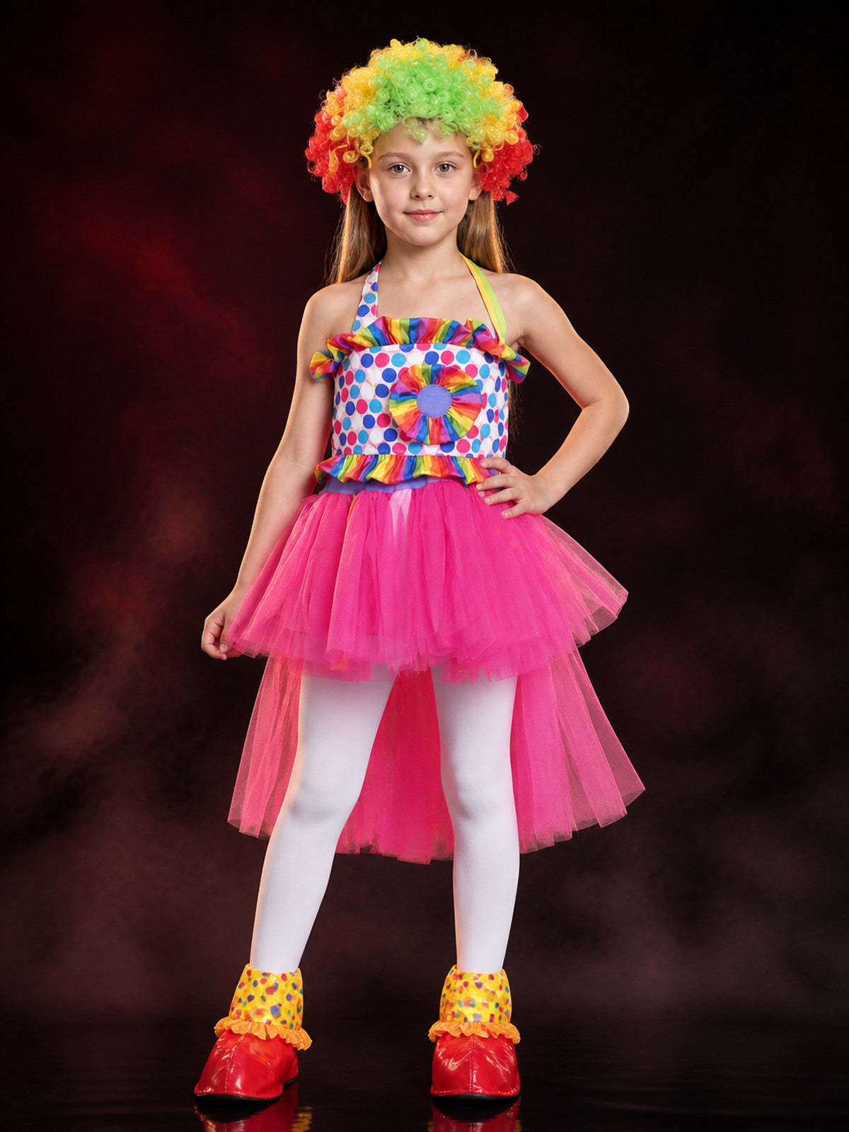 Kids' Clown Circus Costume with Polka Dot Top and Pink Tulle Skirt