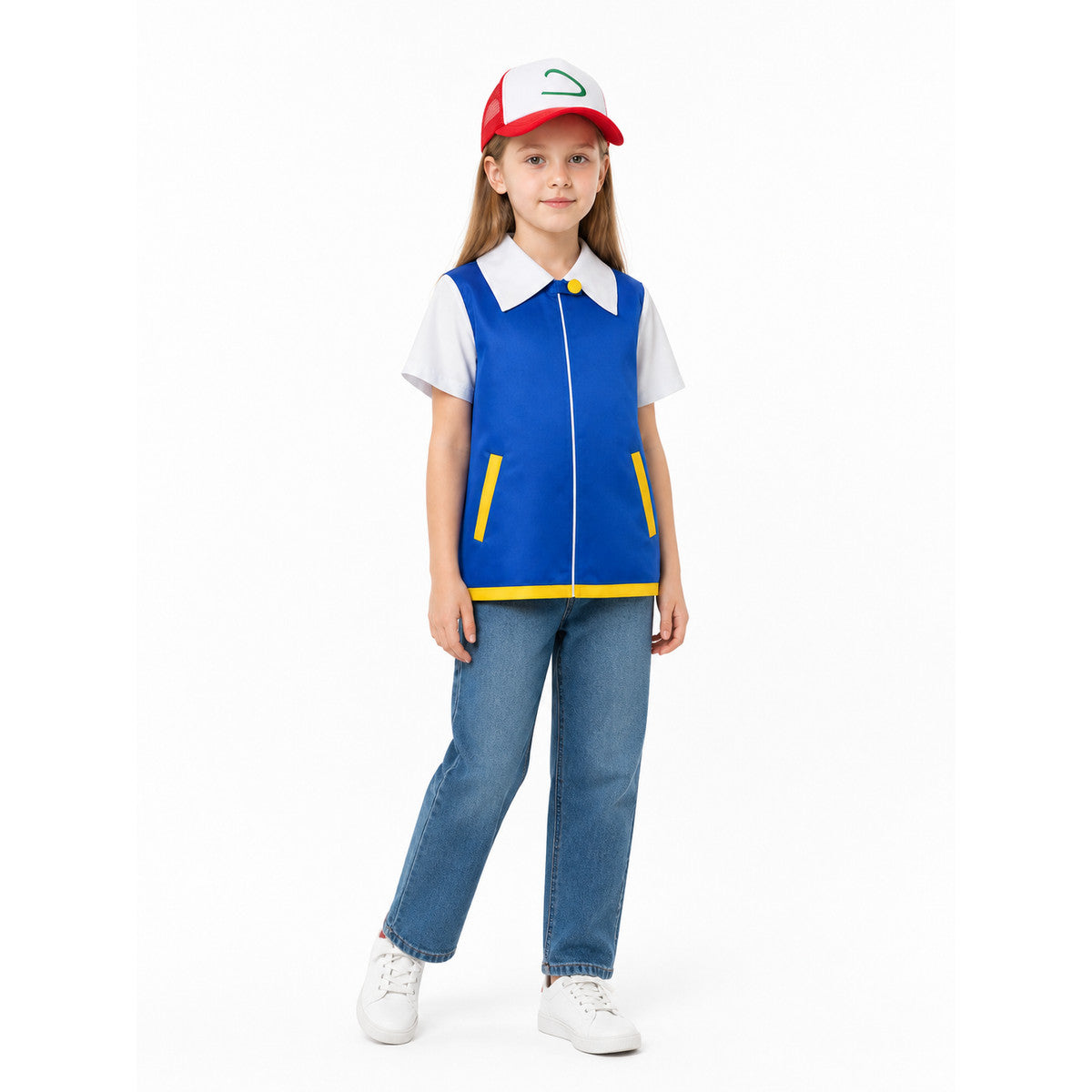 Blue Jacket with White Collar and Cosplay Cap on-model front view