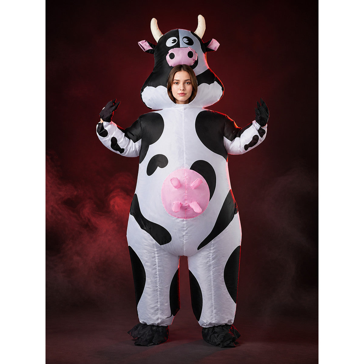 Adult Cow Onesie Costume with Horns, Spots, and Hood for Halloween main product view