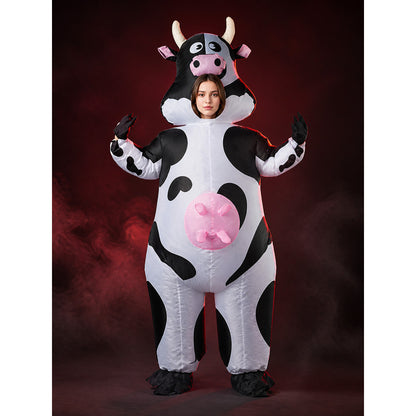 Adult Cow Onesie Costume with Horns, Spots, and Hood for Halloween main product view