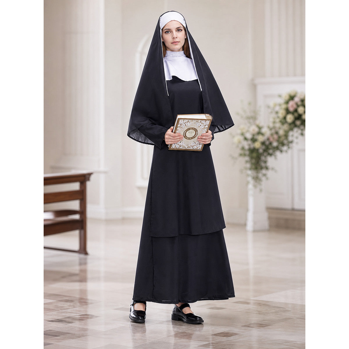 This nun costume is designed for an expressive themed look and is suitable for lifestyle view