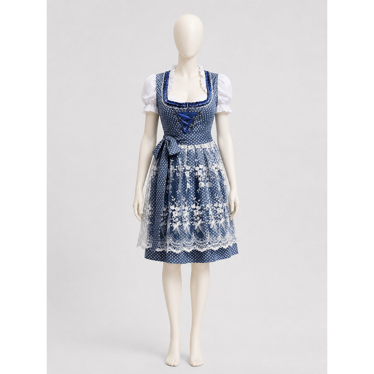 Traditional Bavarian Blue and White Dress with Lace Costume Dresses detail