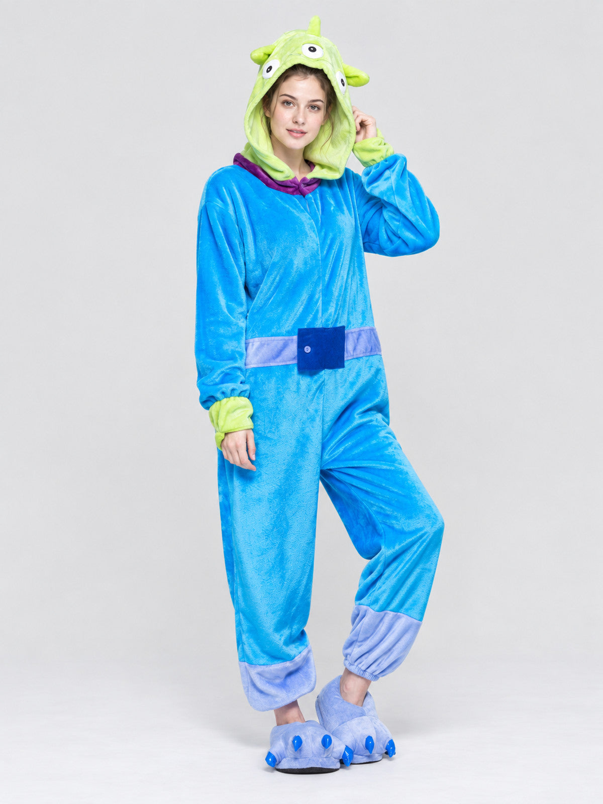 Blue Pajama Jumpsuit with Hood and Appliqués