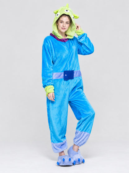Blue Pajama Jumpsuit with Hood and Appliqués