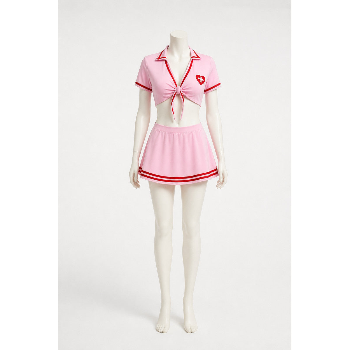 Short Pink Nurse Costume with Red Cross on-model front view