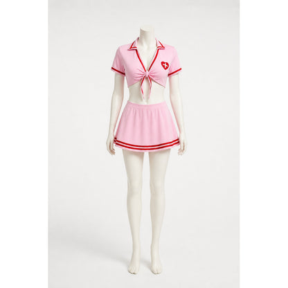 Short Pink Nurse Costume with Red Cross on-model front view