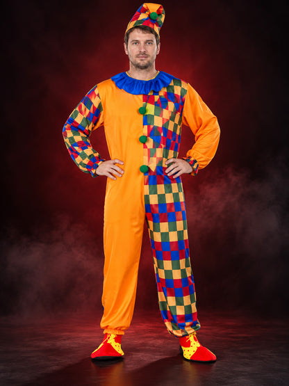 Bright Adult Clown Costume with Ruffle Collar and Hat