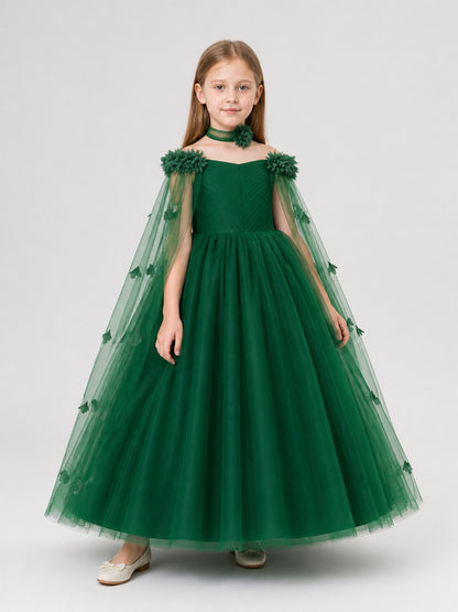 Dark Green Princess Party Dress with Flowers Costume Dresses detail