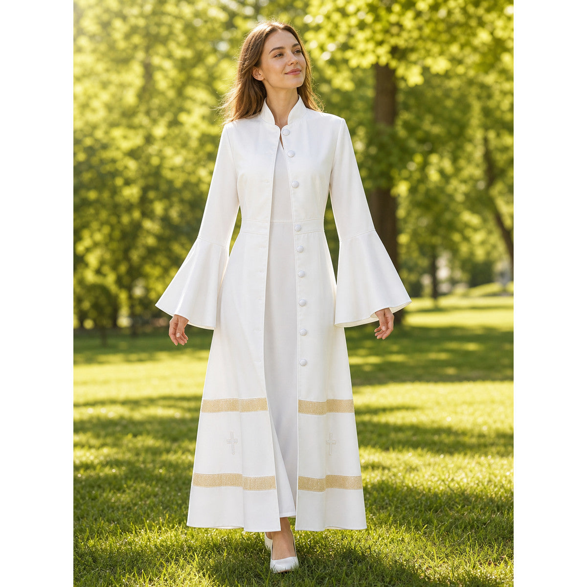 Long clergy robe with collar, buttons, and trim lifestyle view