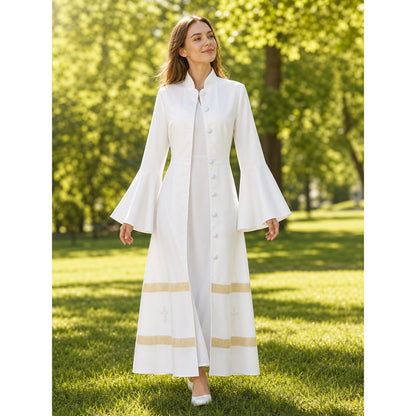 Long clergy robe with collar, buttons, and trim lifestyle view