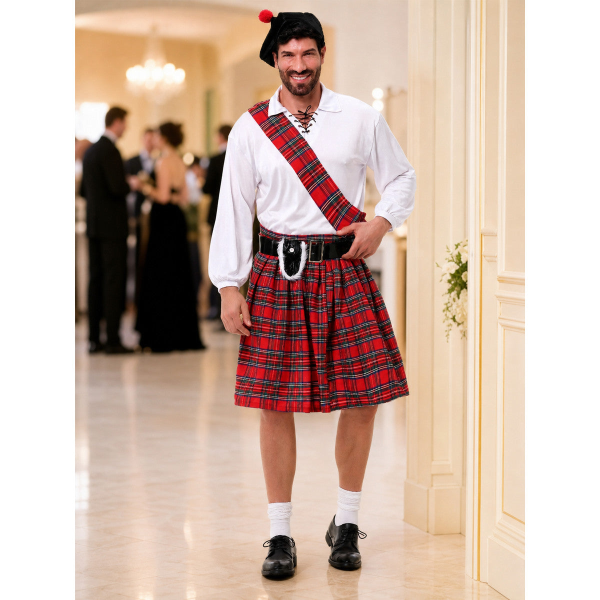 Historical Costume with Plaid Skirt and Cap