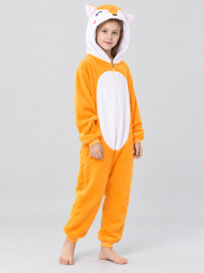 Hooded Pajama Jumpsuit with Ears, Orange and White
