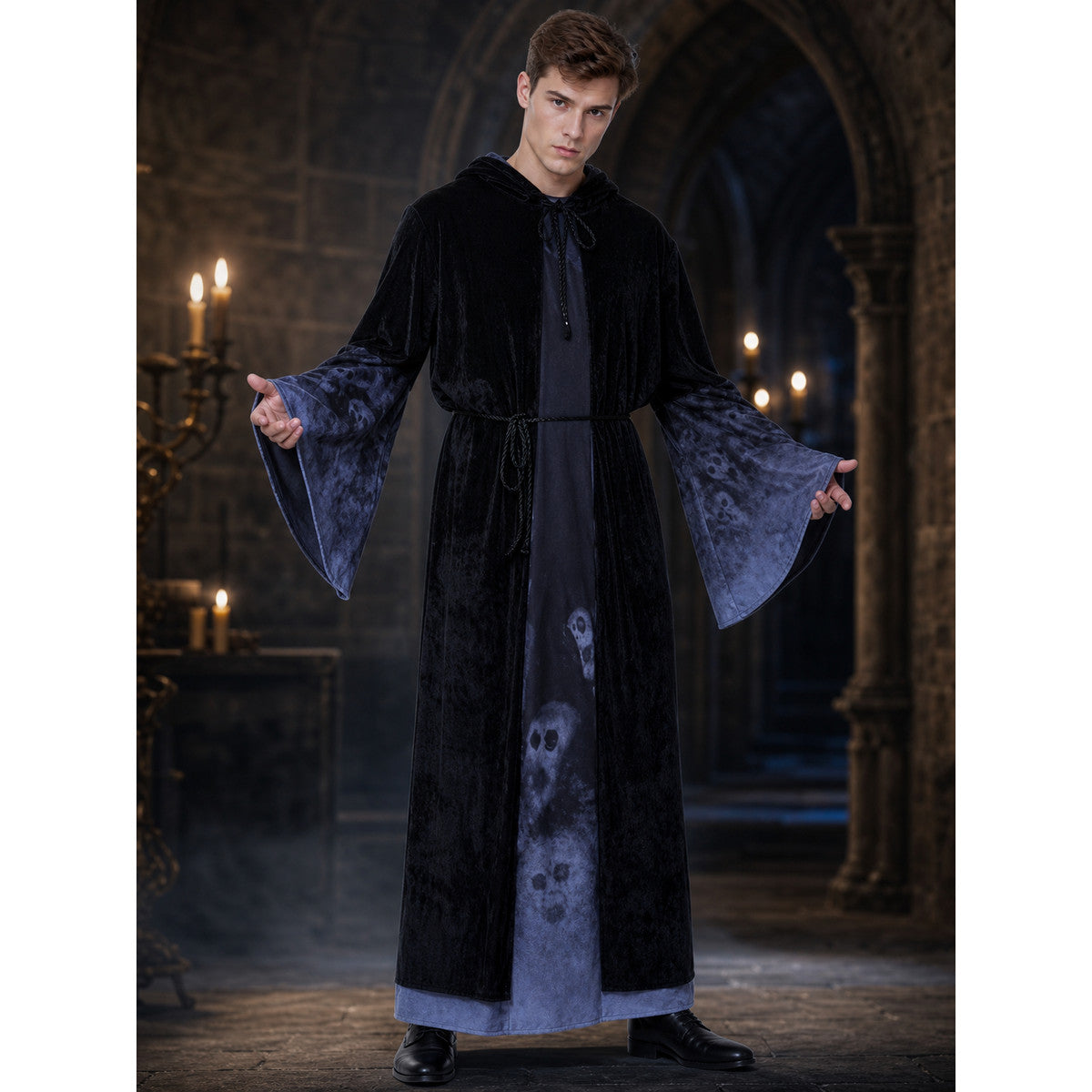 Gothic hooded robe costume with skulls lifestyle view