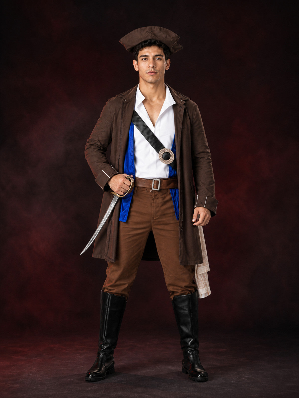 Adult Pirate Costume Set with Long Coat, Vest, Shirt, Hat, Belts, Pants and Boot