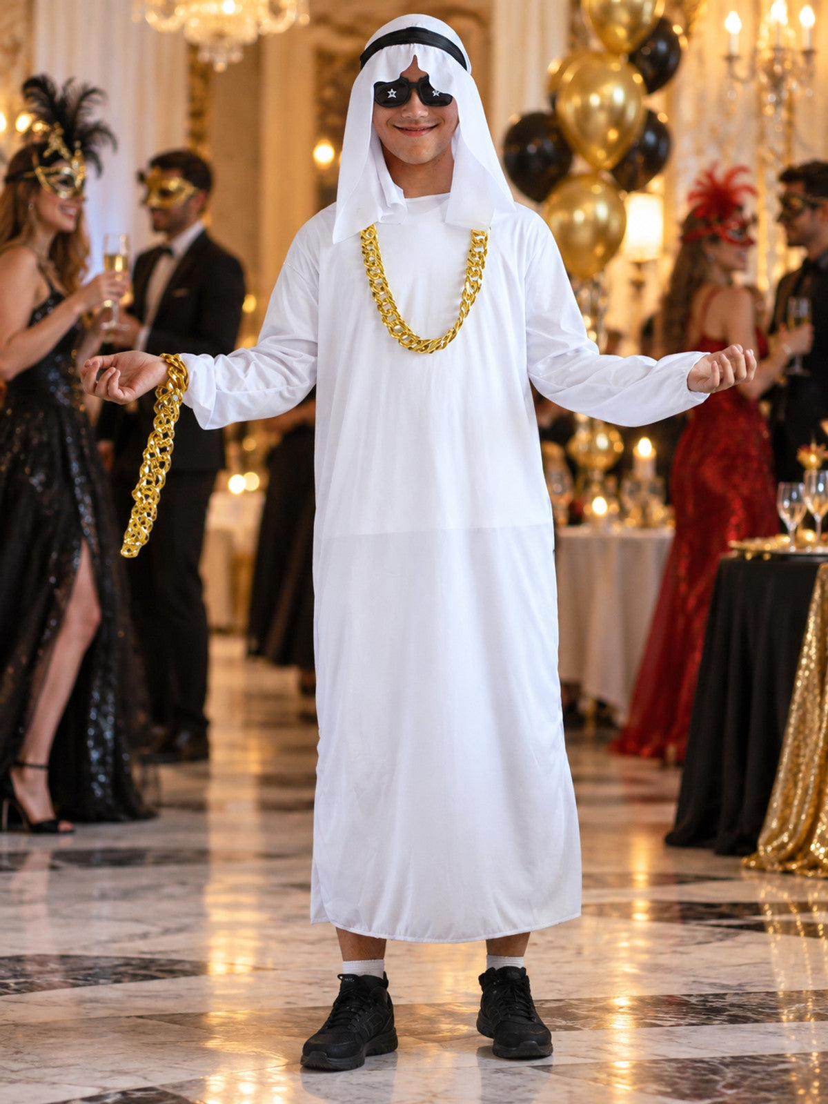 Carnival costume with a long head covering and chain