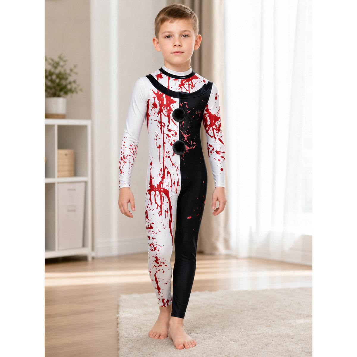 Scary Clown Costume with Mask and Blood Splashes lifestyle view