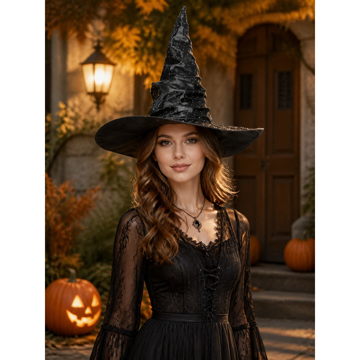 Black Carnival Witch Hat with Silver Decorations lifestyle view