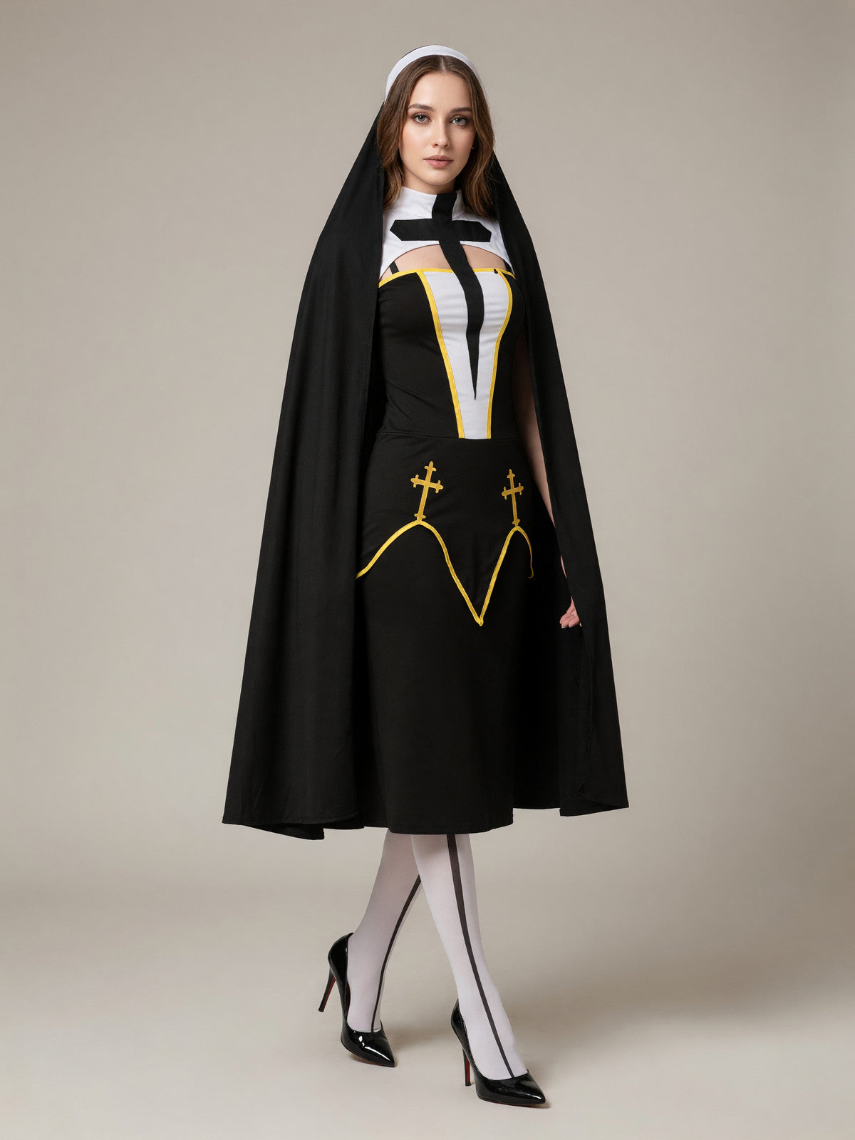 Black Carnival Cloak with Hood and Crosses