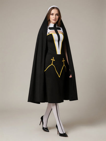 Black Carnival Cloak with Hood and Crosses