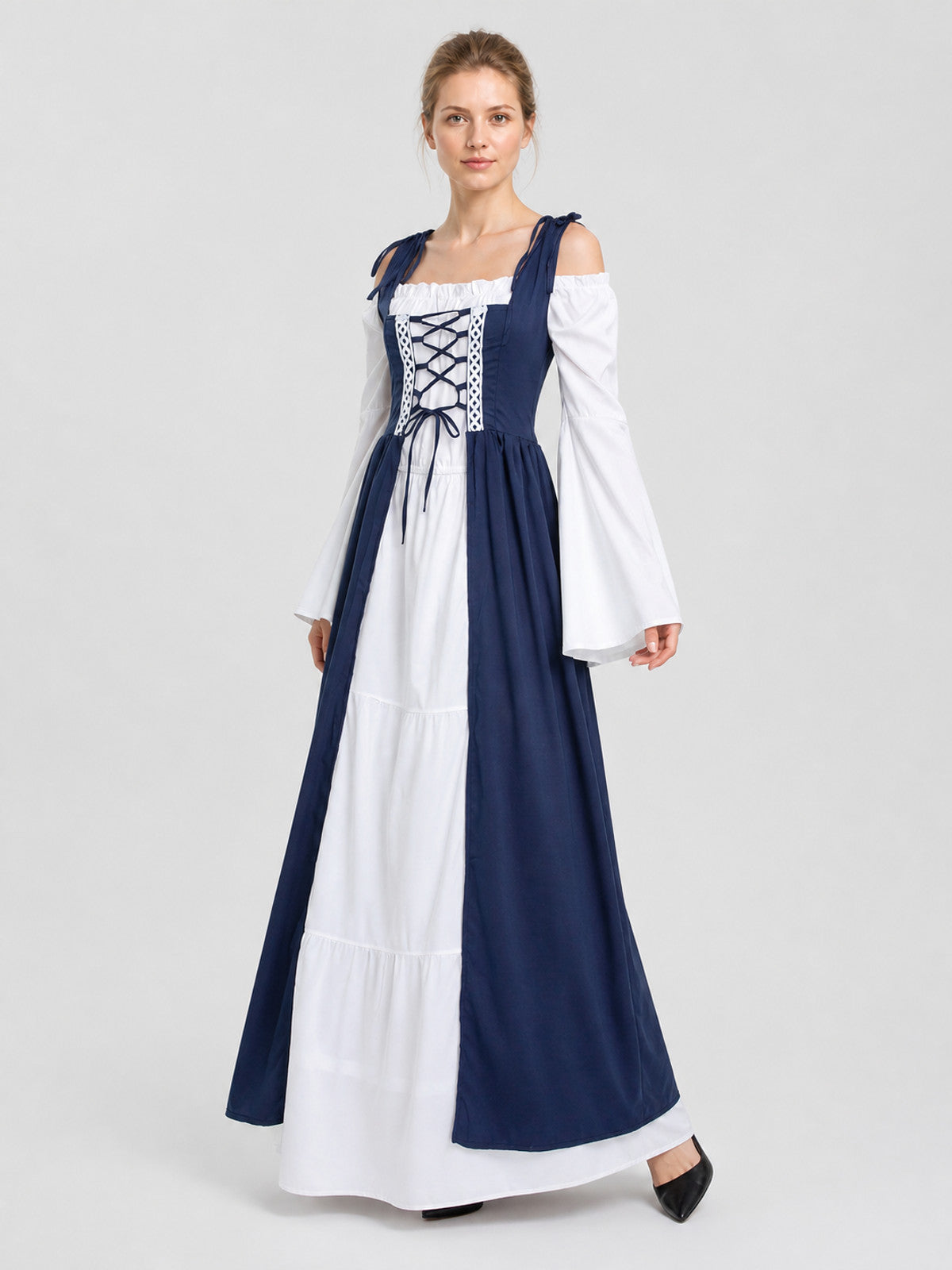 Retro Stage Dress with White Sleeves, Blue, M-XXL