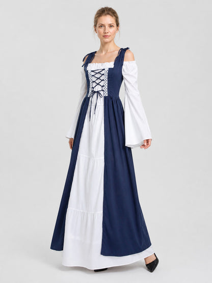Retro Stage Dress with White Sleeves, Blue, M-XXL
