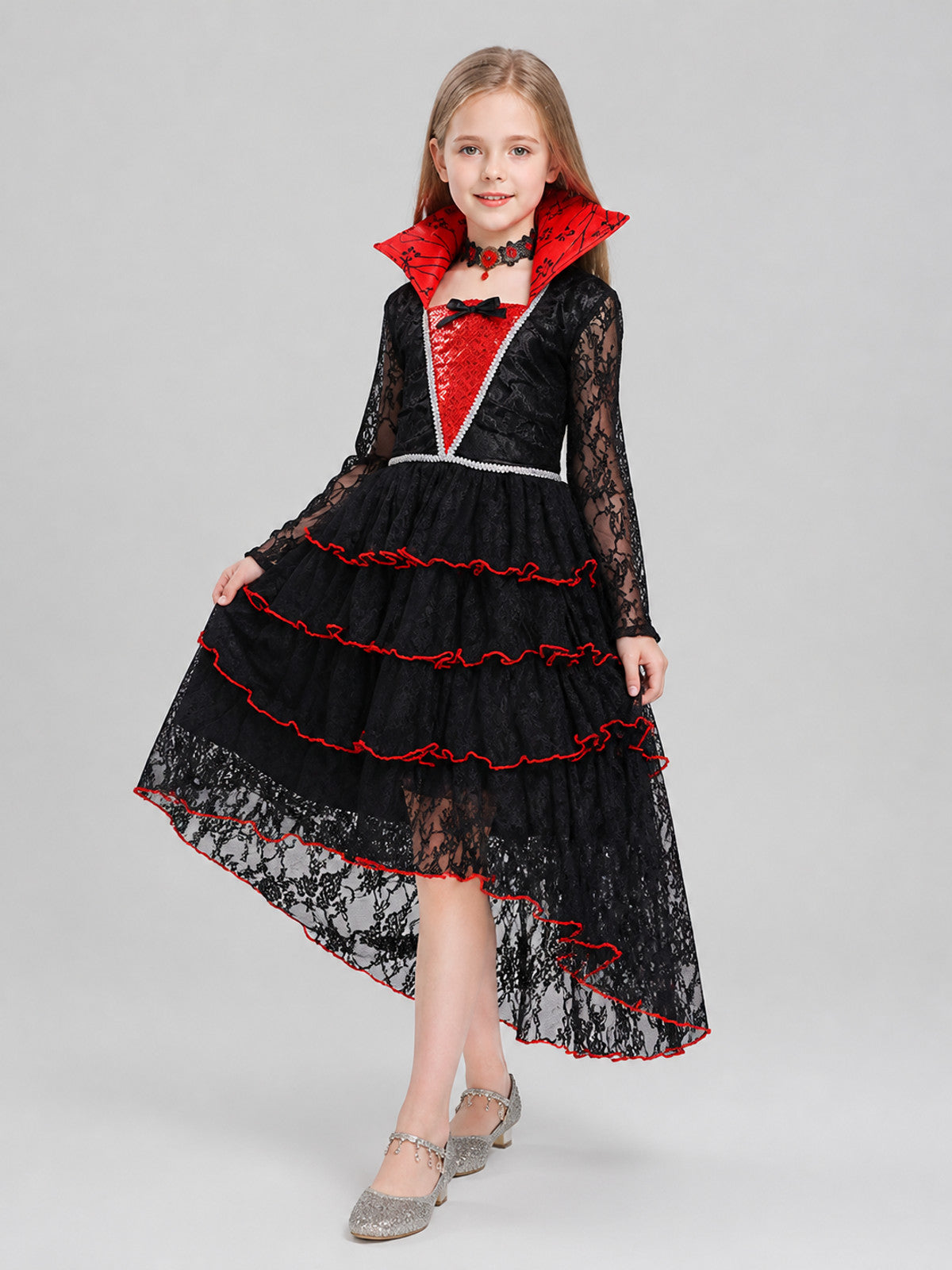 Black Halloween Dress with Red Trim and Lace Costume Dresses detail