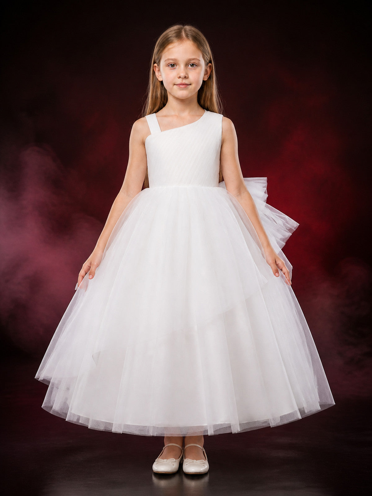 Girls' White One-Shoulder Tulle Princess Dress, Sleeveless Formal Gown main product view