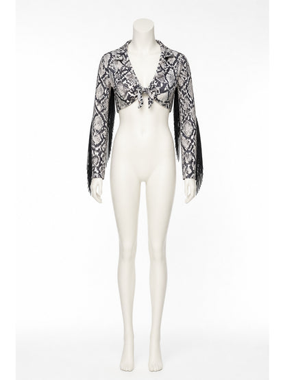 Cropped Jacket with Fringe and Snake Print