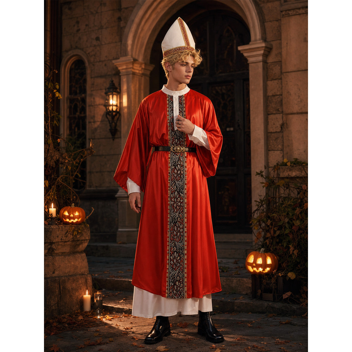Teen wearing a shiny red robe with patterned trim, white undergarment, and pointed mitre in a dim entrance with pumpkins and candles