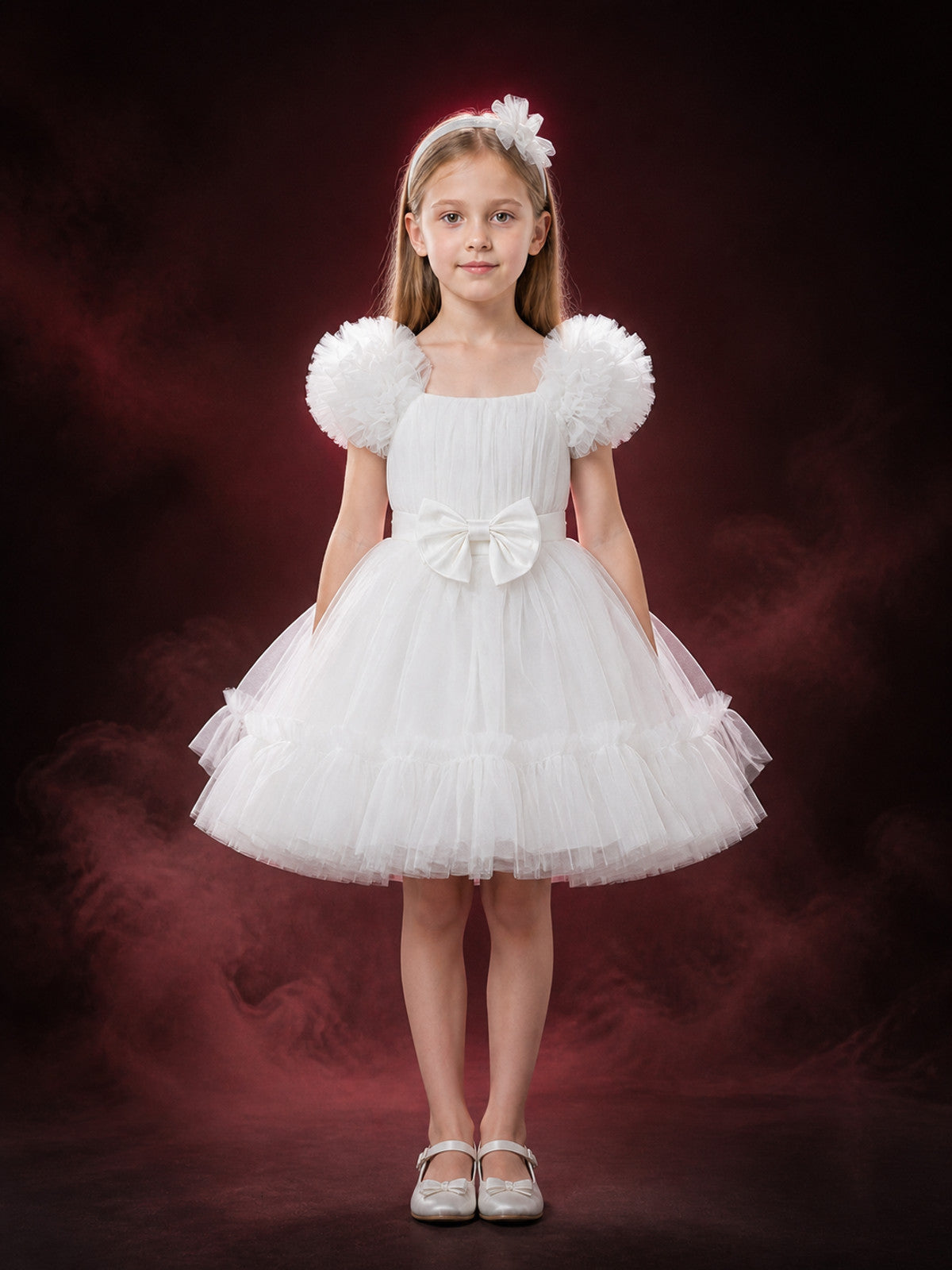 Toddler Girls' White Princess Dress with Puff Sleeves, Tulle Skirt and Bow main product view