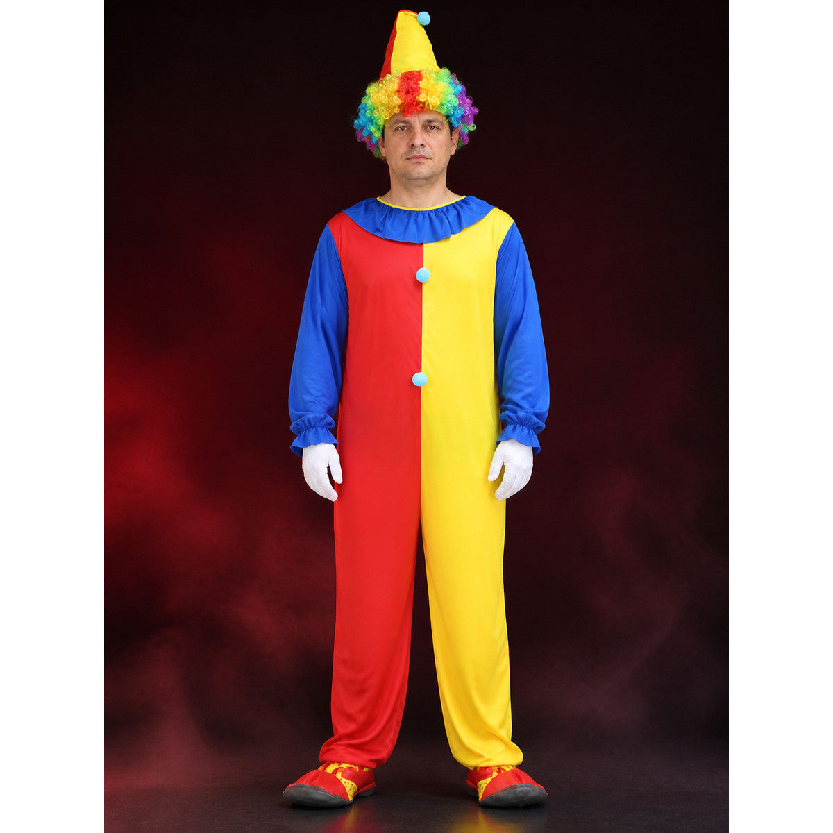 Halloween Adult Unisex Clown Costume Set with Red-Yellow Jumpsuit and Hat main product view