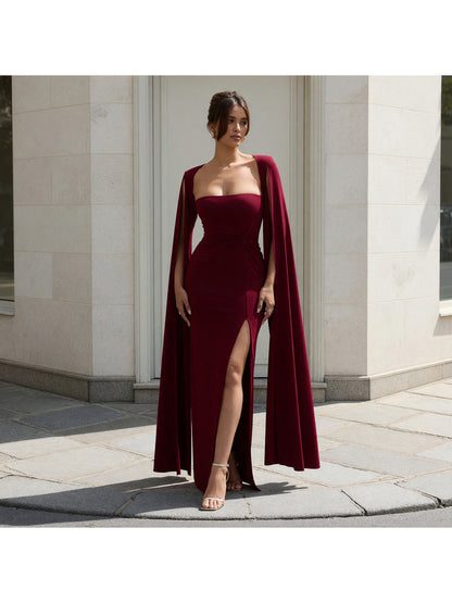 Long Burgundy Dress with Square Neckline and Slit Costume Dresses detail