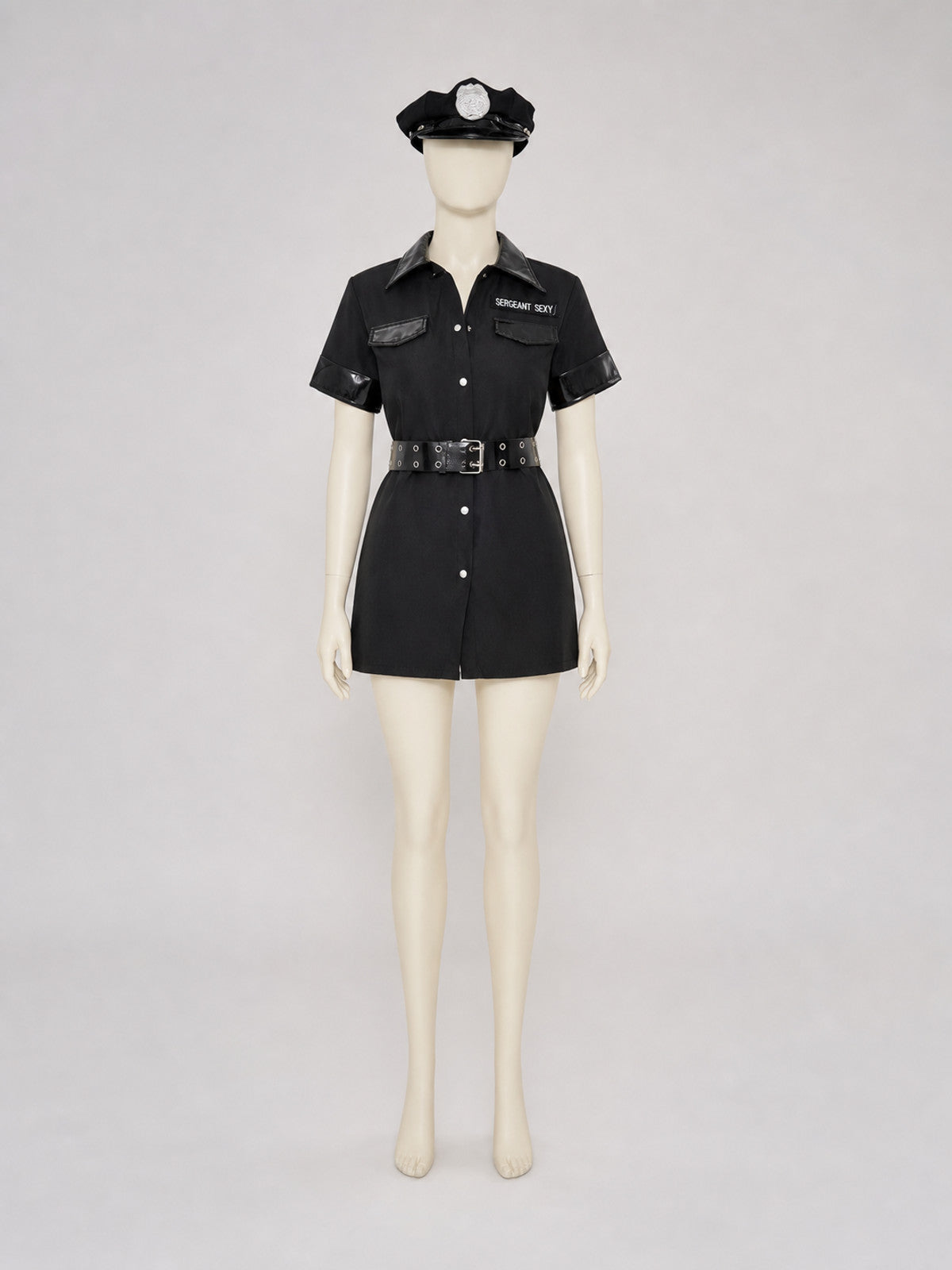 A one-piece costume styled like a police uniform, featuring short sleeves, a