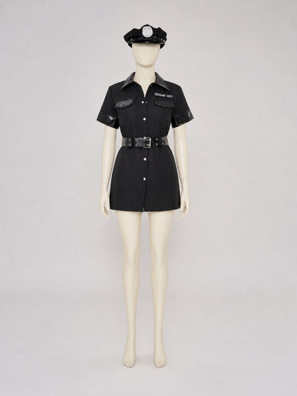 A one-piece costume styled like a police uniform, featuring short sleeves, a