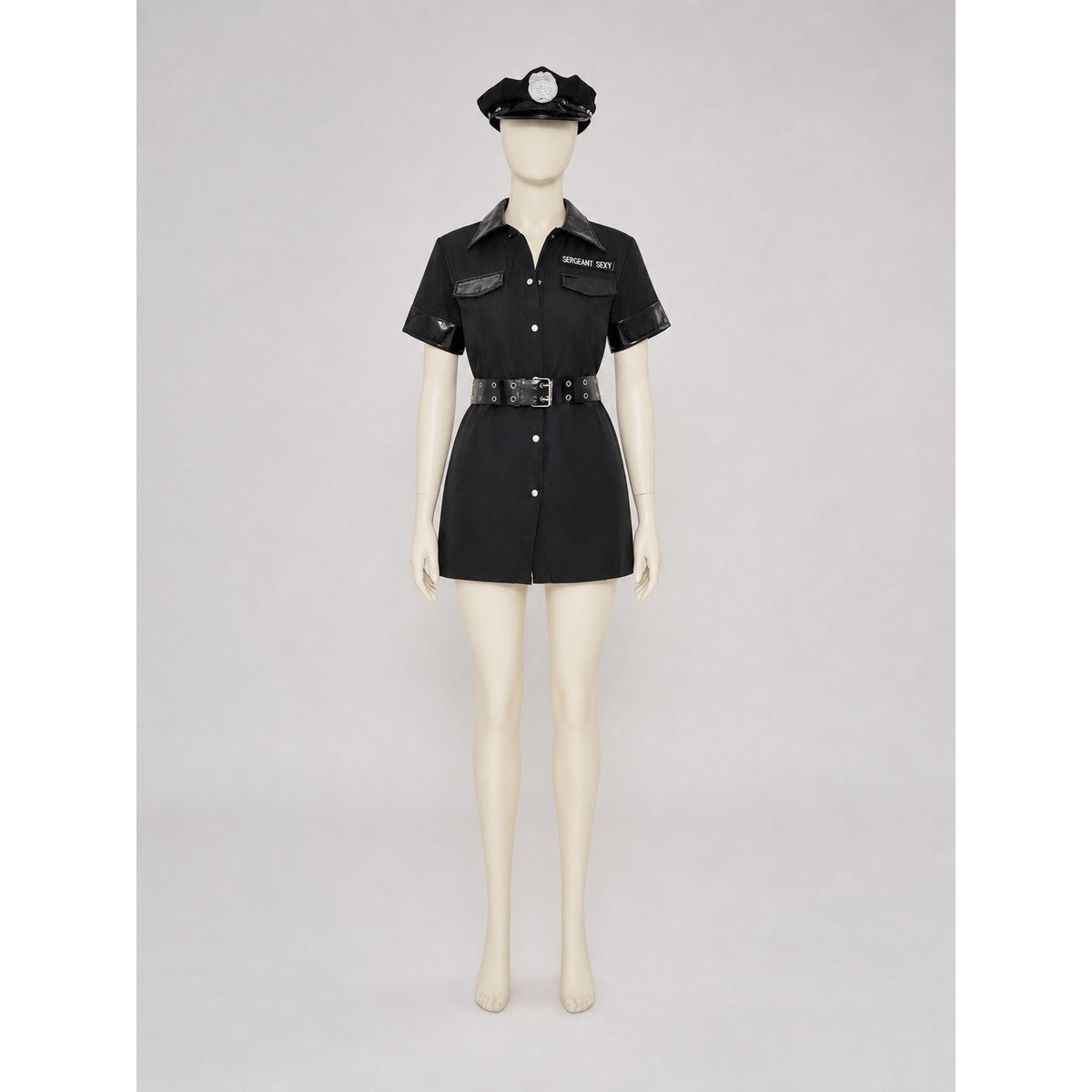 A one-piece costume styled like a police uniform, featuring short sleeves, a Costumes detail