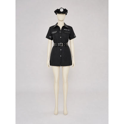A one-piece costume styled like a police uniform, featuring short sleeves, a Costumes detail
