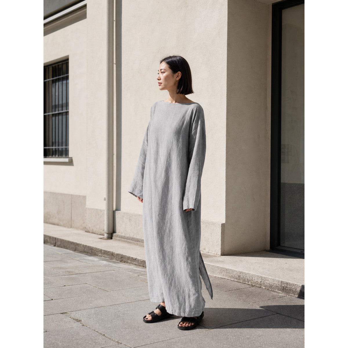 Long loose straight-cut dress with long sleeves lifestyle