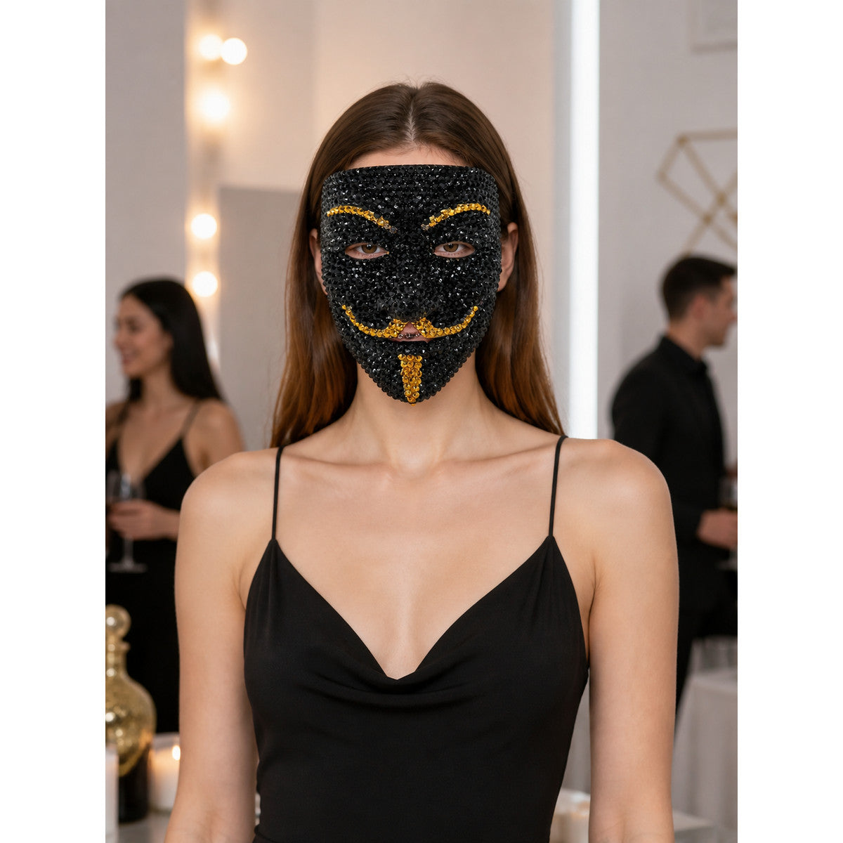 Black and Gold Carnival Mask for Halloween and Cosplay lifestyle view