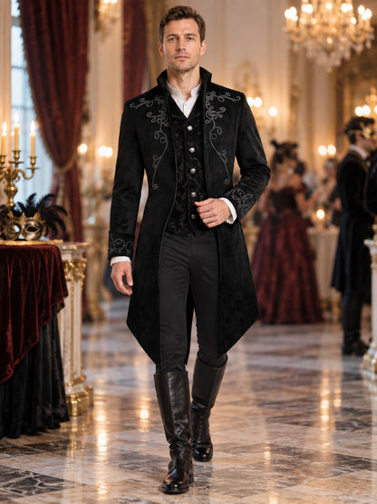 Long Black Tailcoat with High Collar and Embroidery