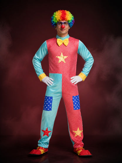 Adult Clown Costume Set, Red and Blue Star Print Bodysuit with Bow Tie for