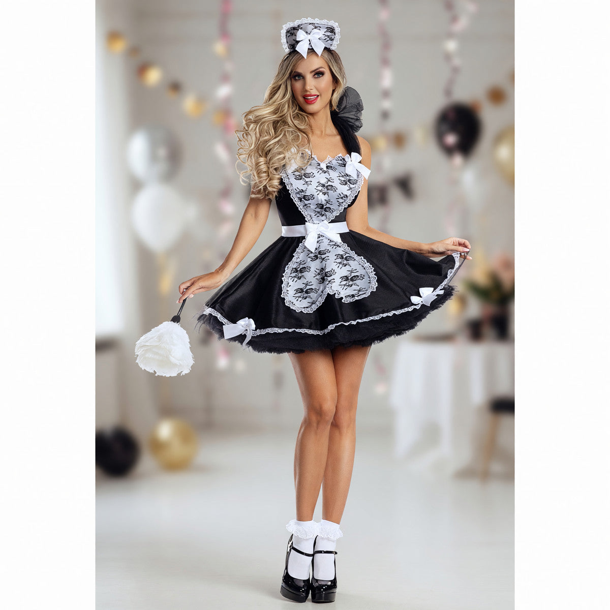 Cosplay Dress with Black-and-White Decor and Apron